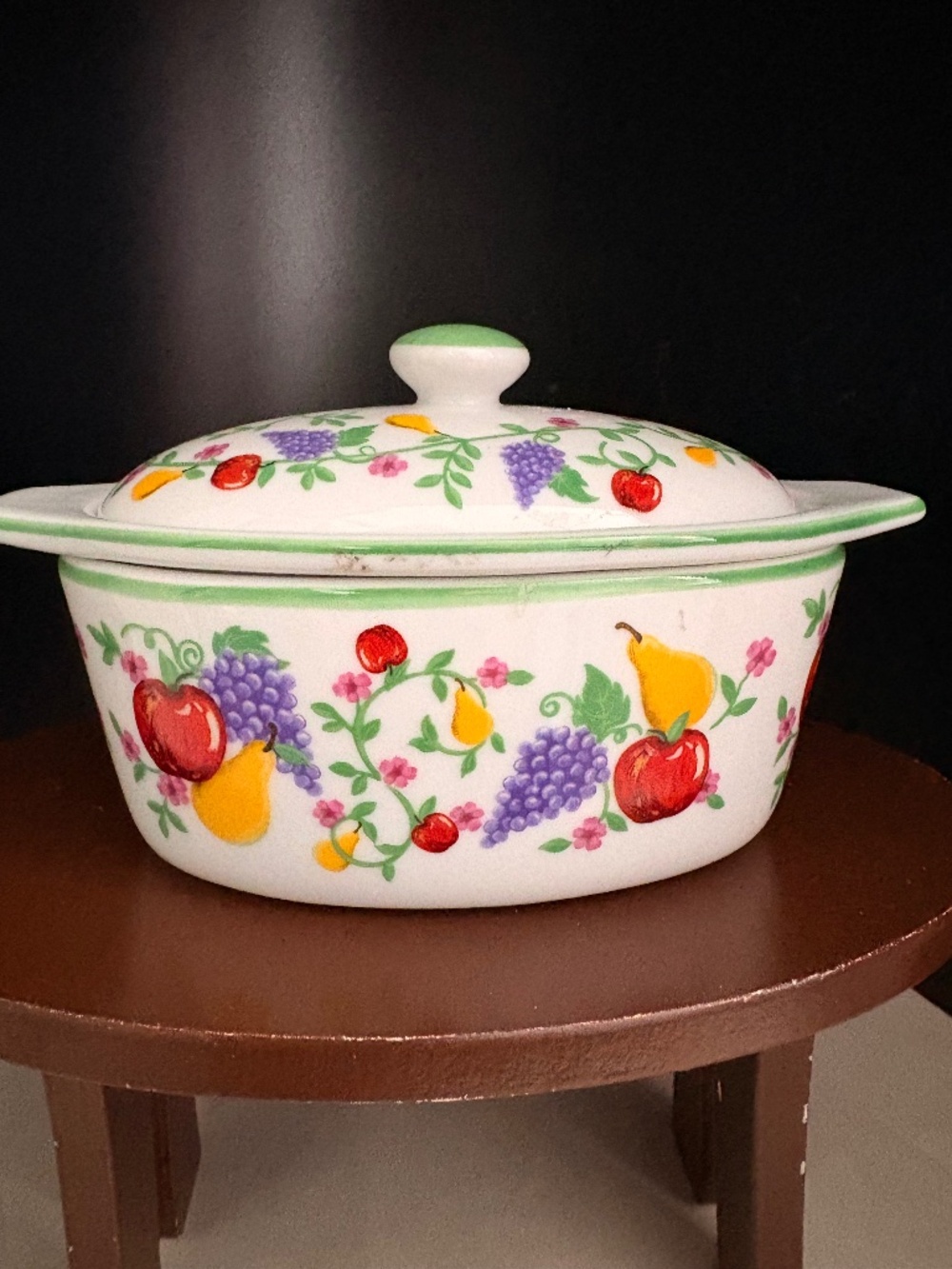 Vtg Cook Street Ceramic 3-Piece Butter Boat Keeper Fruit Medley Pattern